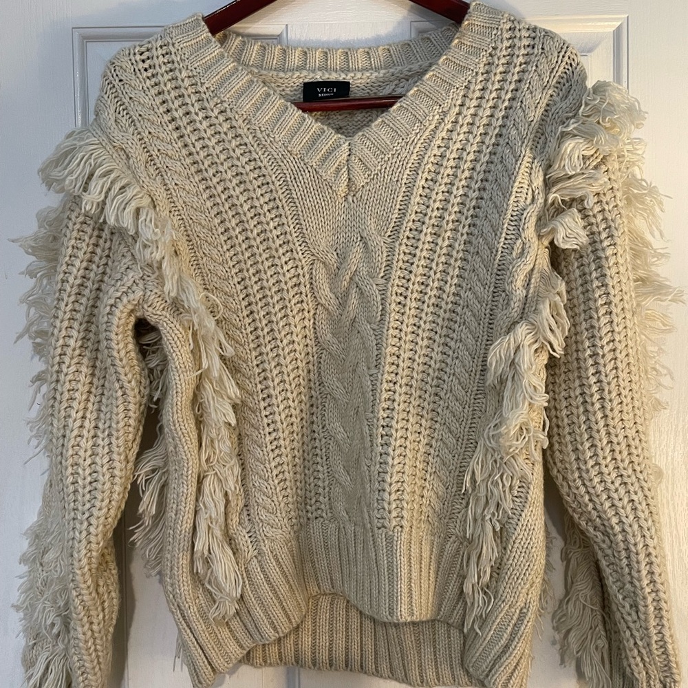 Vici Beige Fringe V-Neck Sweater boho, western